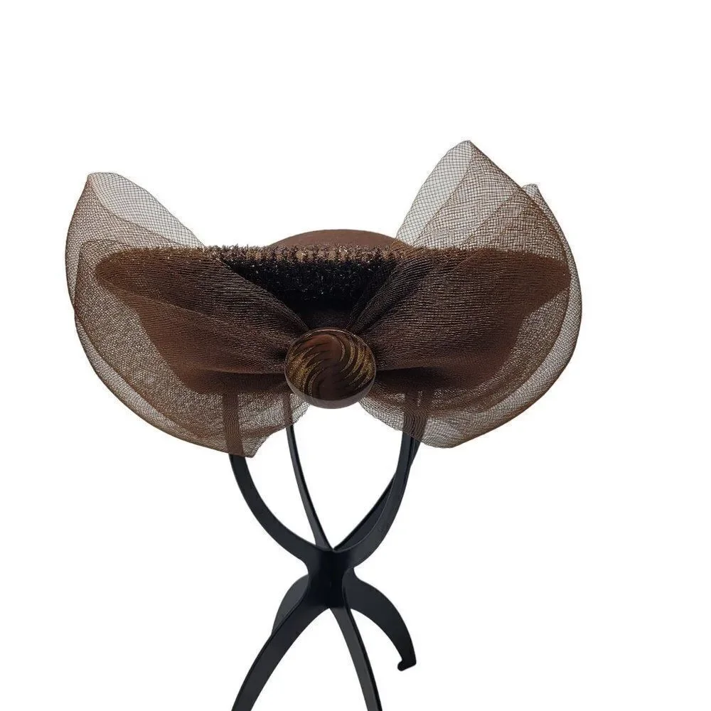 Vintage Unique Rare Wool Church Hat Bumper Halo Brown Netted Bow Chocolate‎
